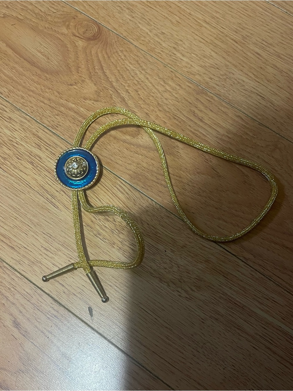 Source Unknown Gold Cord Bolo Tie with Blue Medallion